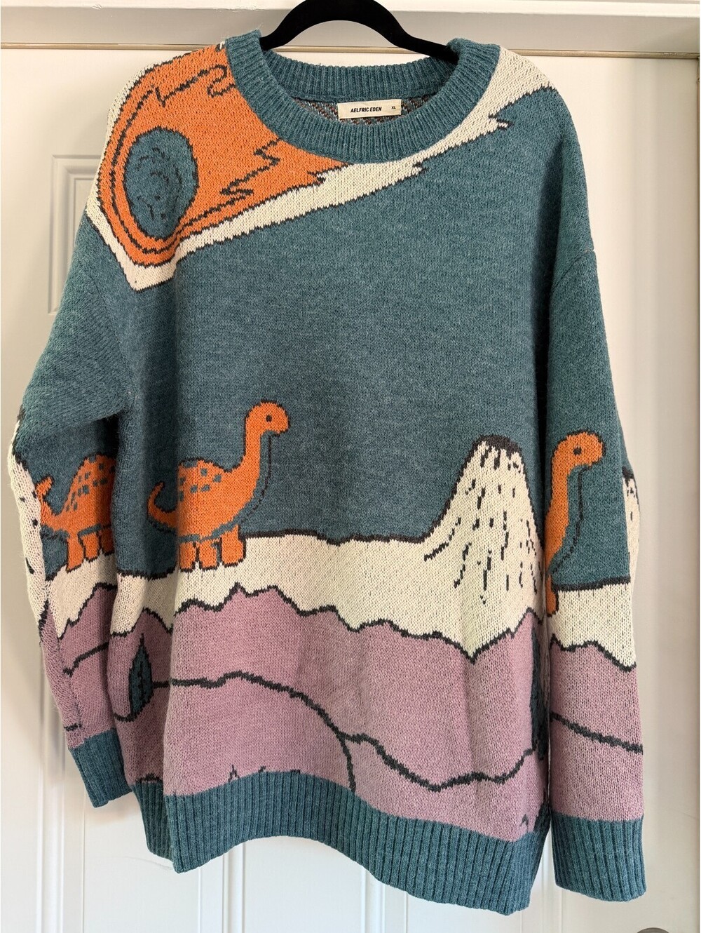 Aelfric Eden Dinosaur Volcano Knit Sweater Teal Oversized Men's XL